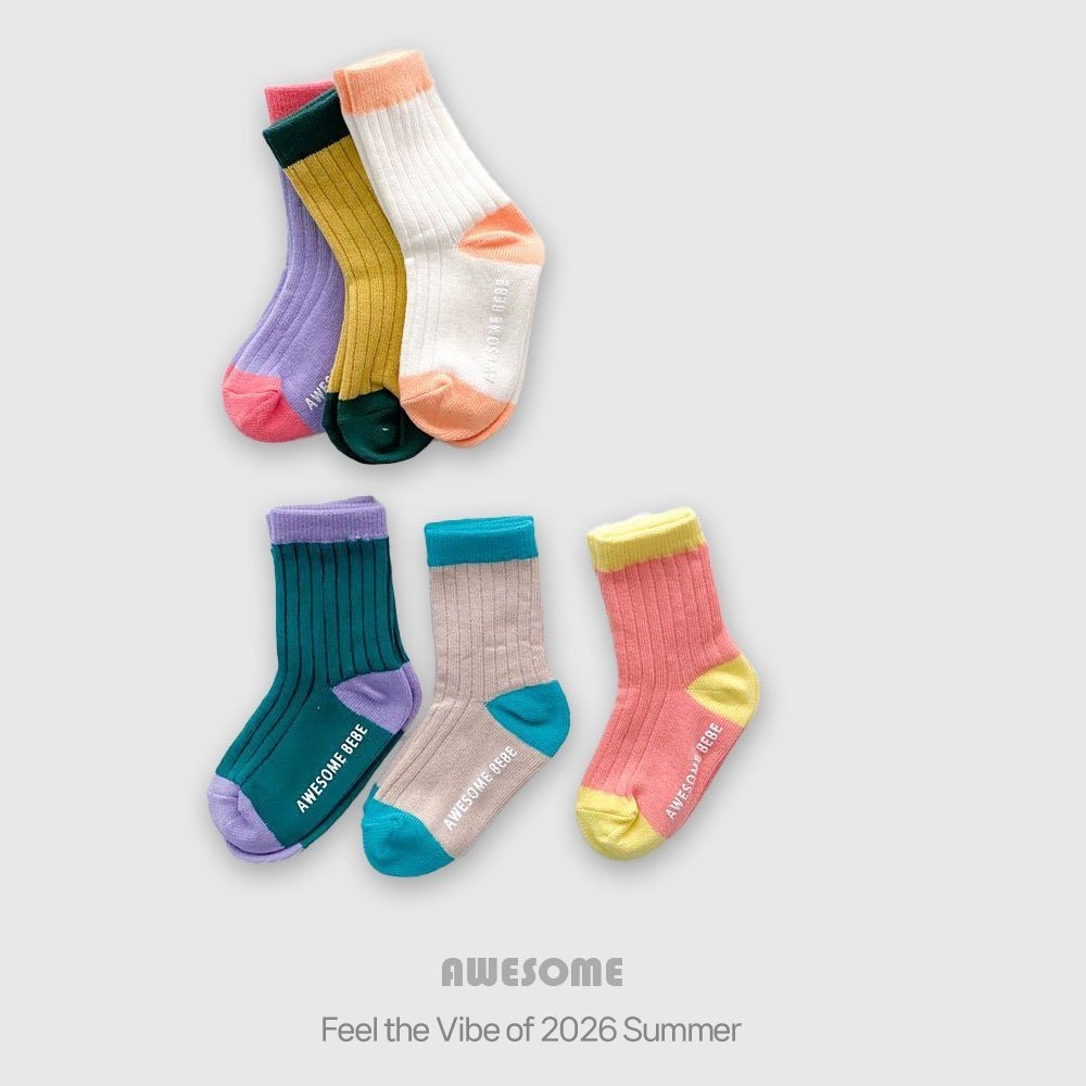 韓國童裝 Awesome 迎夏撞色拼接坑條紋襪 <三雙組>-細節圖2
