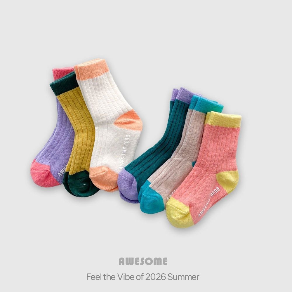 韓國童裝 Awesome 迎夏撞色拼接坑條紋襪 <三雙組>-細節圖3