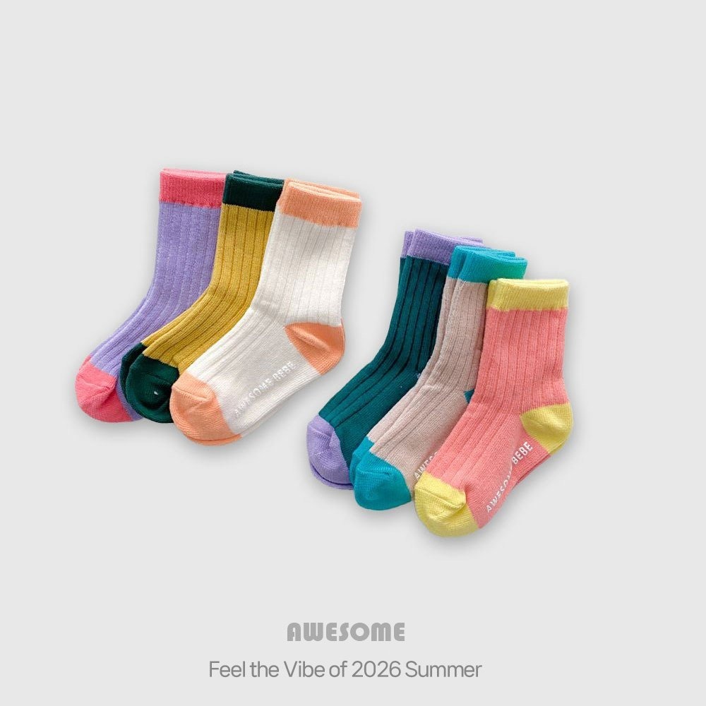 韓國童裝 Awesome 迎夏撞色拼接坑條紋襪 <三雙組>-細節圖4