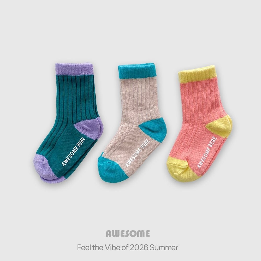 韓國童裝 Awesome 迎夏撞色拼接坑條紋襪 <三雙組>-細節圖5