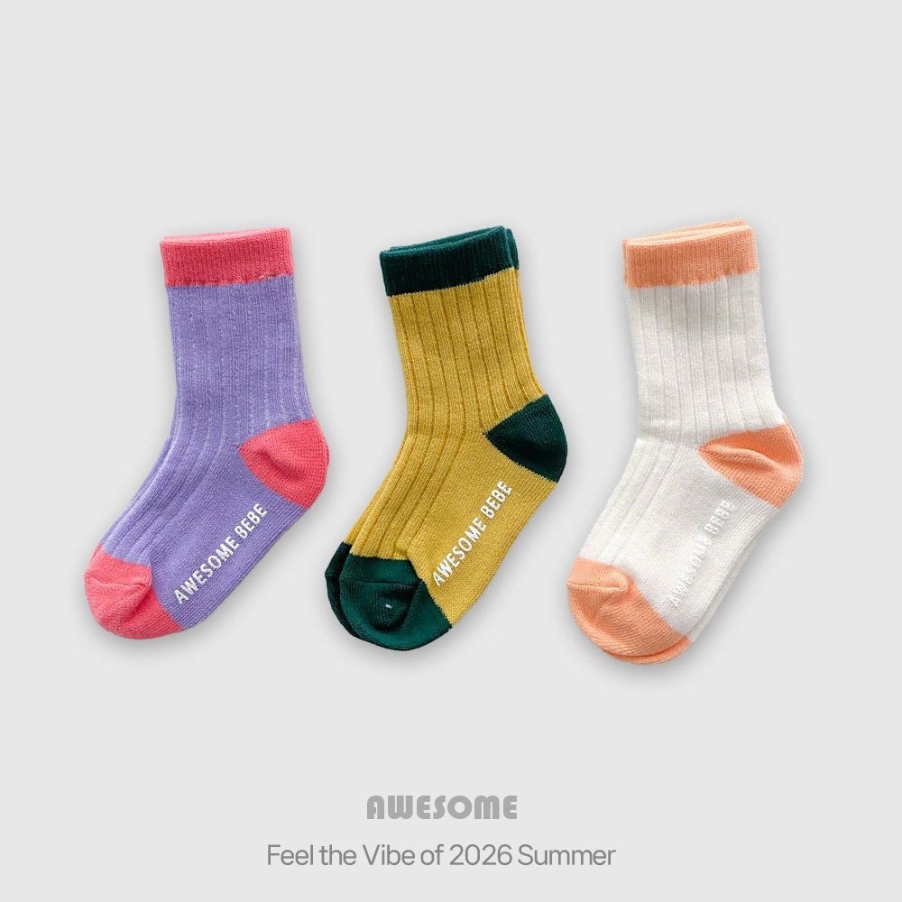 韓國童裝 Awesome 迎夏撞色拼接坑條紋襪 <三雙組>-細節圖6