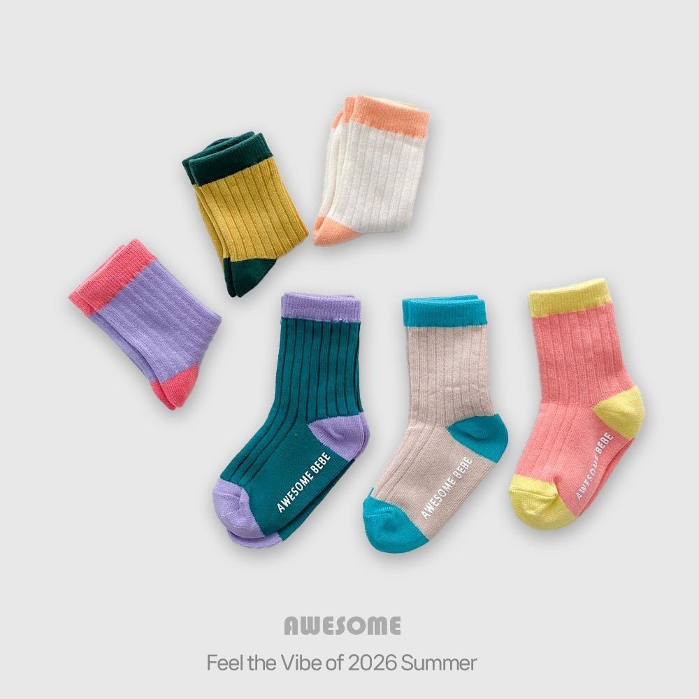 韓國童裝 Awesome 迎夏撞色拼接坑條紋襪 <三雙組>-細節圖7