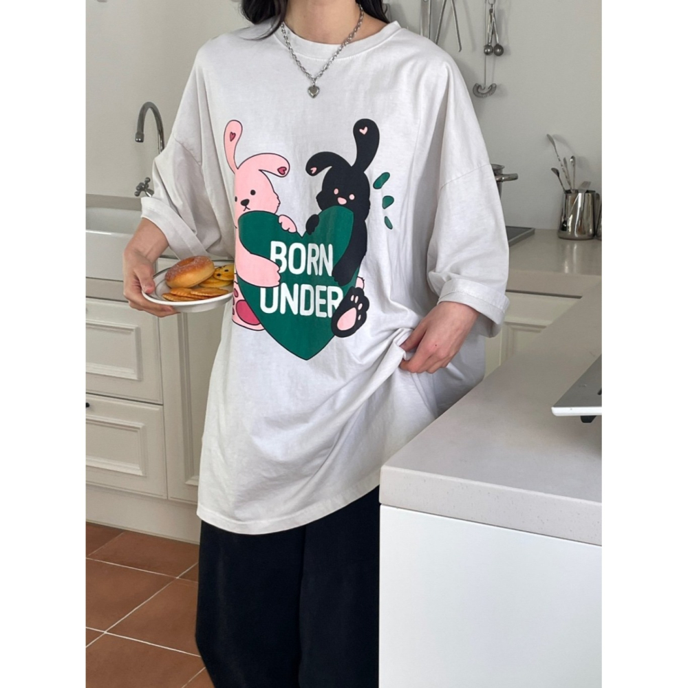 韓國女裝 Macbrother 黑兔粉兔抱抱愛心一起穿T恤-細節圖4