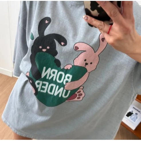 韓國女裝 Macbrother 黑兔粉兔抱抱愛心一起穿T恤-細節圖6