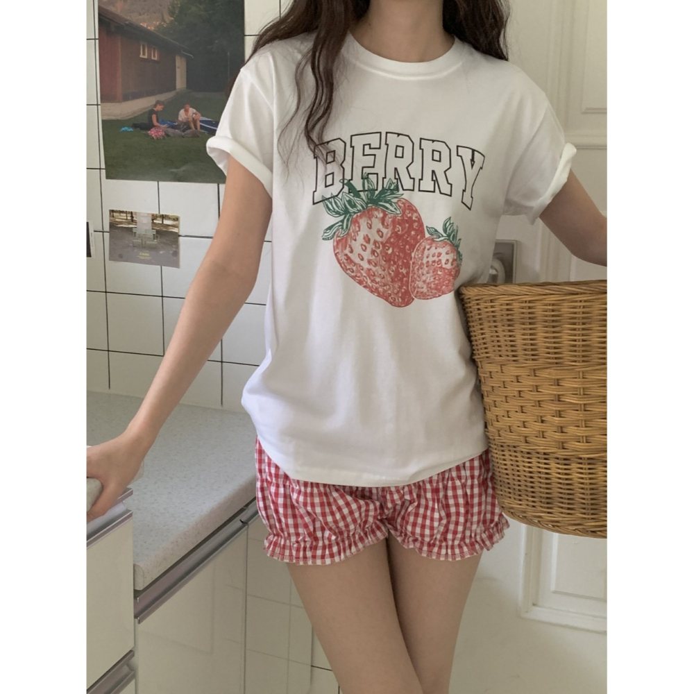 韓國女裝 Obe 可愛草莓少女T恤-細節圖2