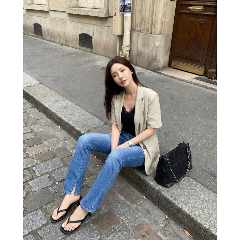 韓國女裝 Howluk 清涼修身直筒開叉牛仔褲-細節圖11