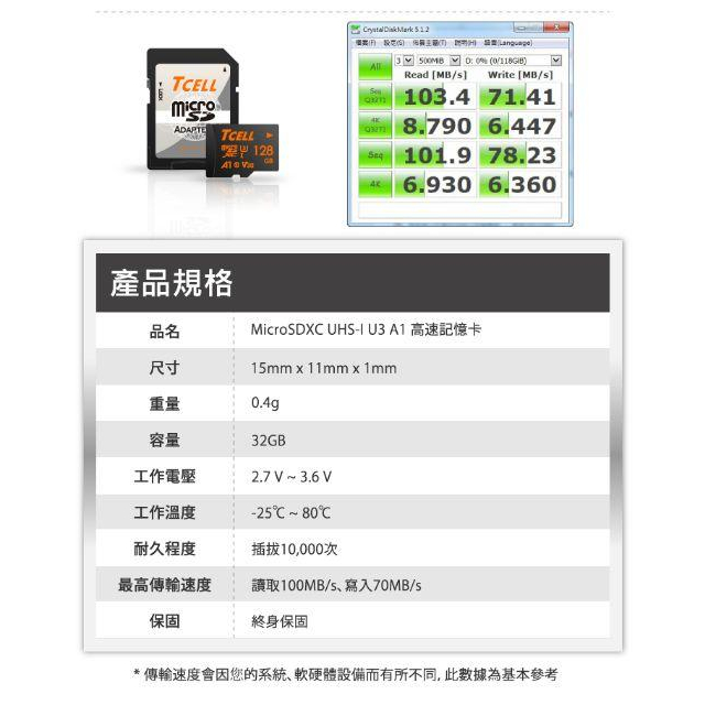 TCELL冠元 MicroSDXC UHS-I(A1) U3 64G 128GB 
100/70MB 高速記憶卡-細節圖2