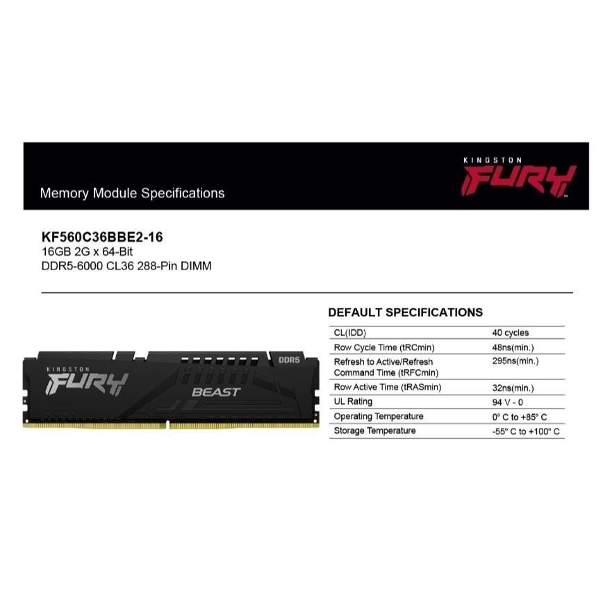 金士頓 Kingston DDR5 6000 16G BEAST 獸獵者 桌上型超頻 KF560C36BBE2-16