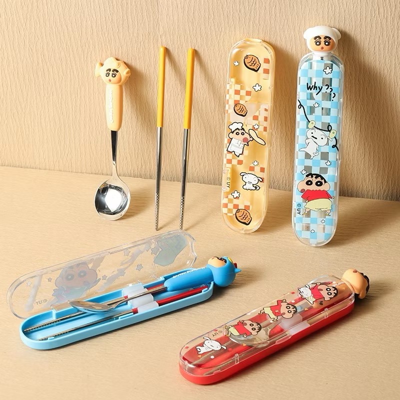 【現貨】正版 蠟筆小新 小新頭像餐具套裝 筷子 湯匙 勺子 飯勺 餐盒 送禮 304不鏽鋼 萌兔兔-細節圖2