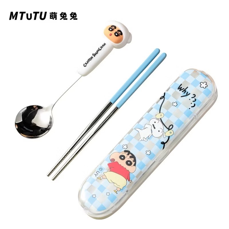 【現貨】正版 蠟筆小新 小新頭像餐具套裝 筷子 湯匙 勺子 飯勺 餐盒 送禮 304不鏽鋼 萌兔兔-規格圖5