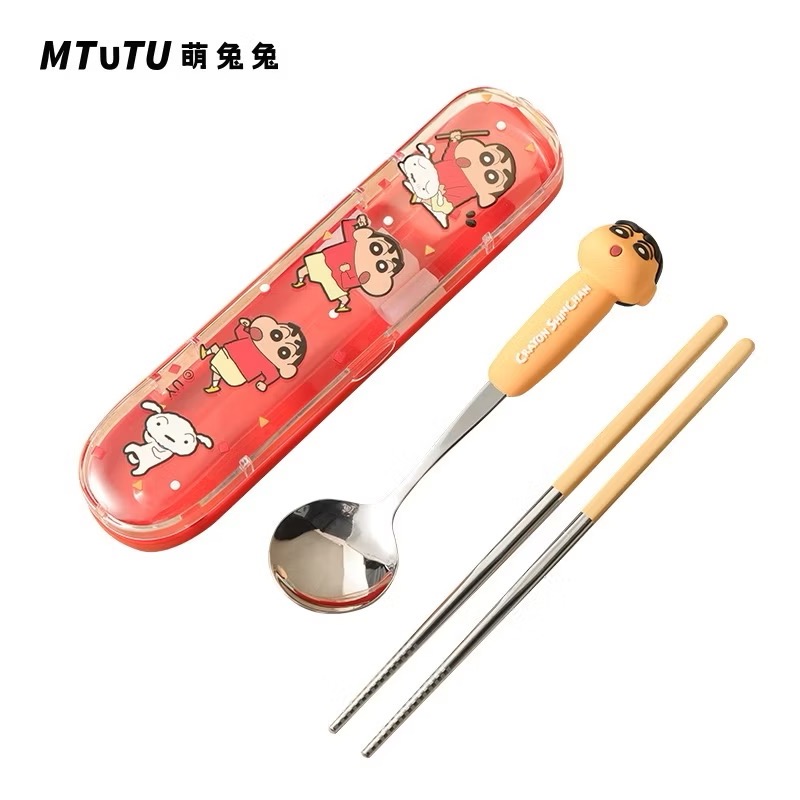 【現貨】正版 蠟筆小新 小新頭像餐具套裝 筷子 湯匙 勺子 飯勺 餐盒 送禮 304不鏽鋼 萌兔兔-規格圖5