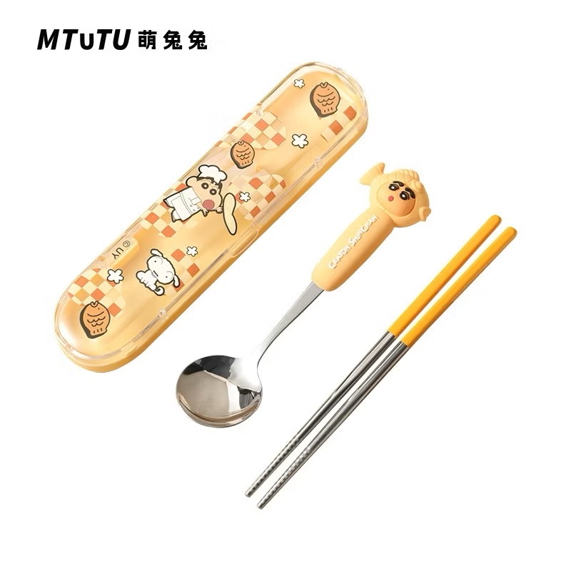 【現貨】正版 蠟筆小新 小新頭像餐具套裝 筷子 湯匙 勺子 飯勺 餐盒 送禮 304不鏽鋼 萌兔兔-規格圖5