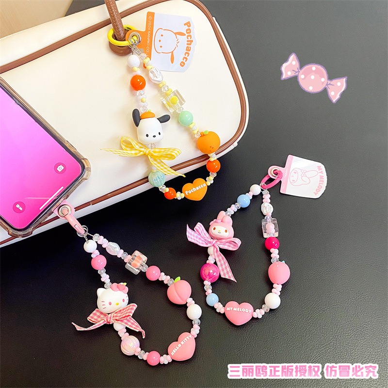 【冉紅】正版 三麗鷗 凯蒂猫 庫洛米鑰匙扣 掛件 玉桂狗 手机壳链条 手绘串珠掛飾 送禮-細節圖4