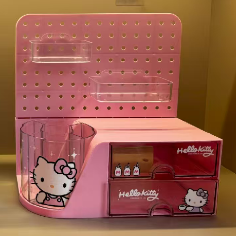 【三麗鷗&塑業】正版 大容量笔筒收纳盒 旋转笔桶 文具收纳 可旋转双抽屉洞洞板置物架收纳 送礼-細節圖3