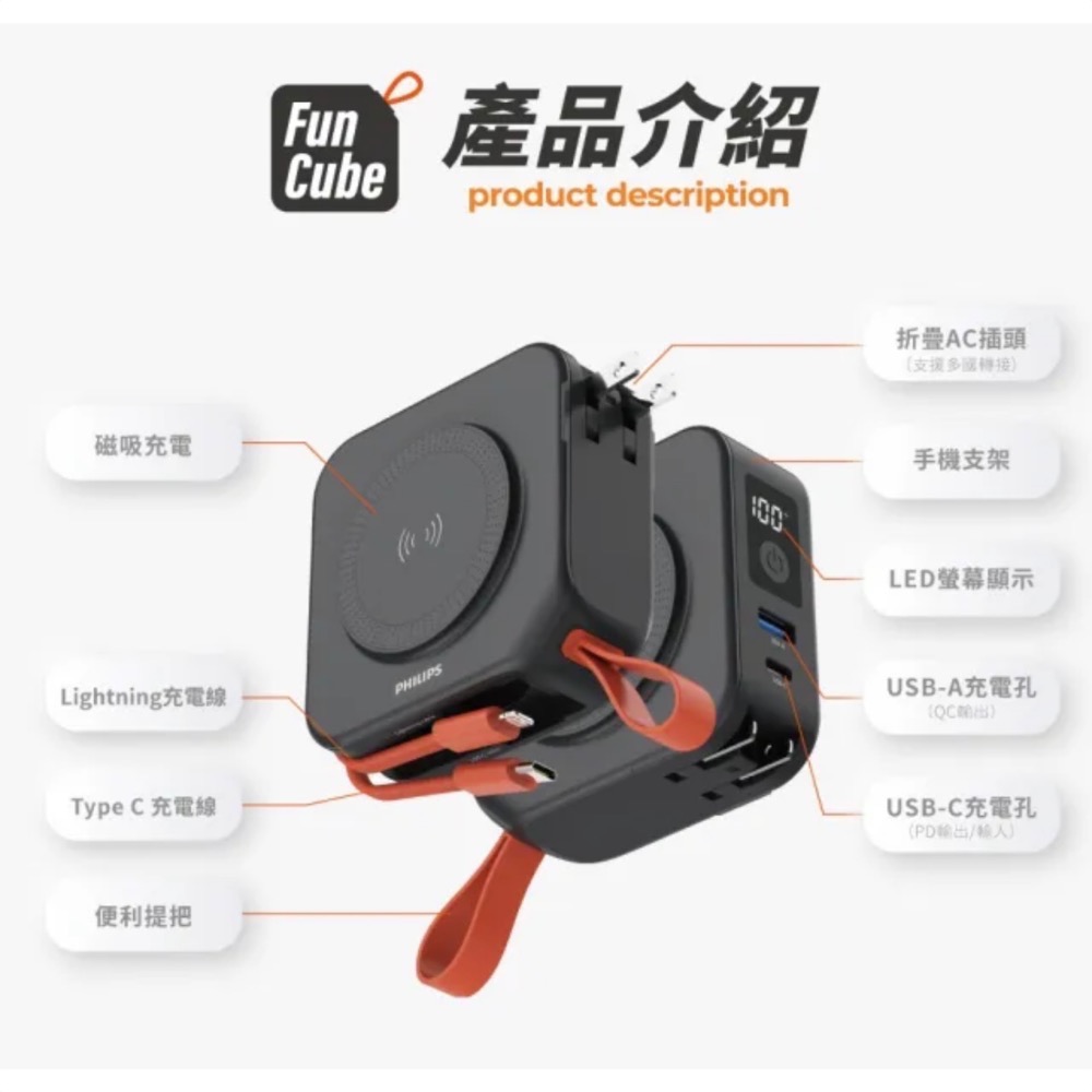 Philips 飛利浦 DLP4347C 10000mAh多功能十合一螢幕顯示行動電源(磁吸/自帶雙線/無線/37W-細節圖7