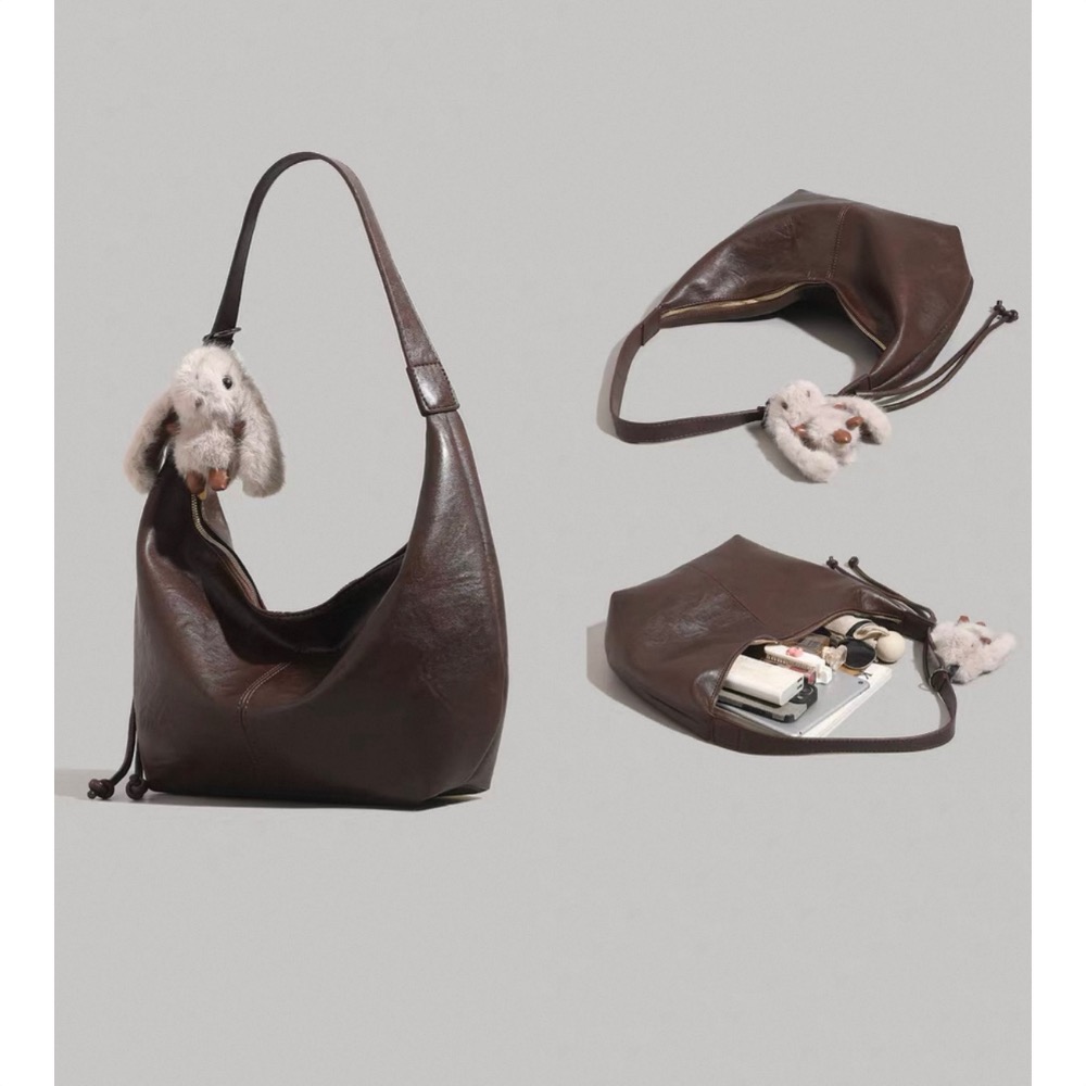 大容量慵懒風托特包軟皮餃子包百搭斜挎包咖啡色上班外出都適合肩背斜背都能-細節圖9