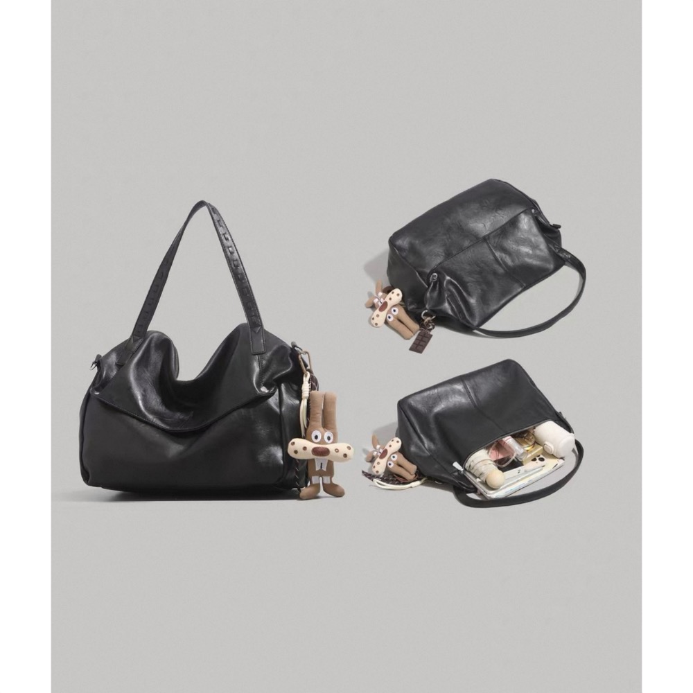 韓系休閒托特包女百搭纯色手提包通勤大容量斜挎包咖啡色附掛件-細節圖2