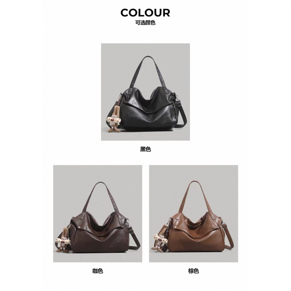 韓系休閒托特包女百搭纯色手提包通勤大容量斜挎包咖啡色附掛件-細節圖9
