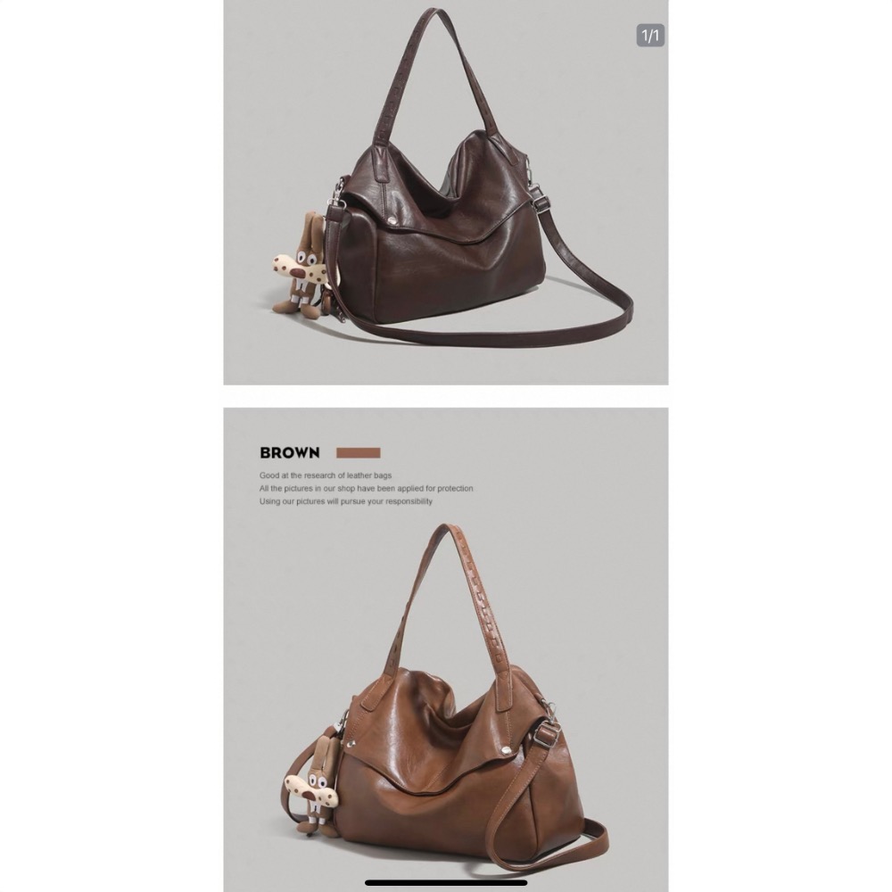 韓系休閒托特包女百搭纯色手提包通勤大容量斜挎包咖啡色附掛件-細節圖10