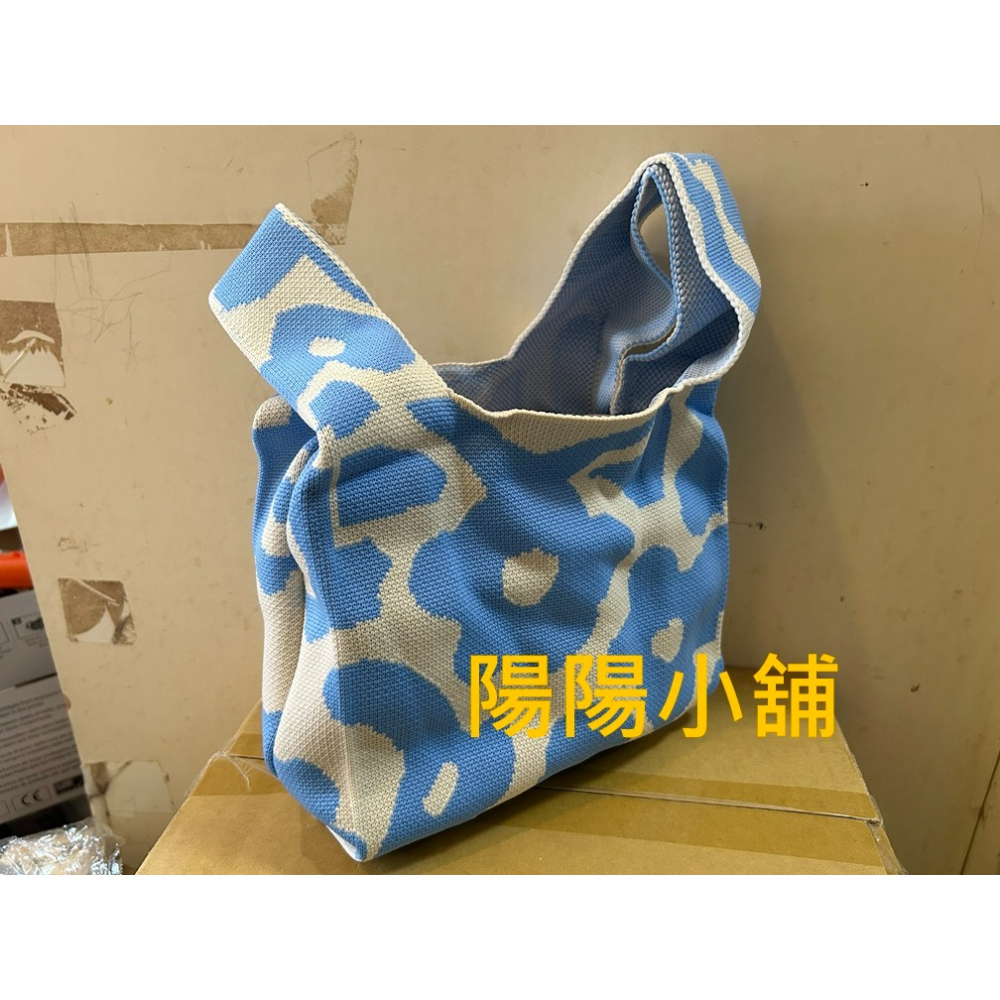 3681.【陽陽小舖】股東會紀念品 泰鼎-KY 花朵藍 針織手提袋 編織提袋 編織袋 小提袋 約20x33x10公分 (-細節圖2