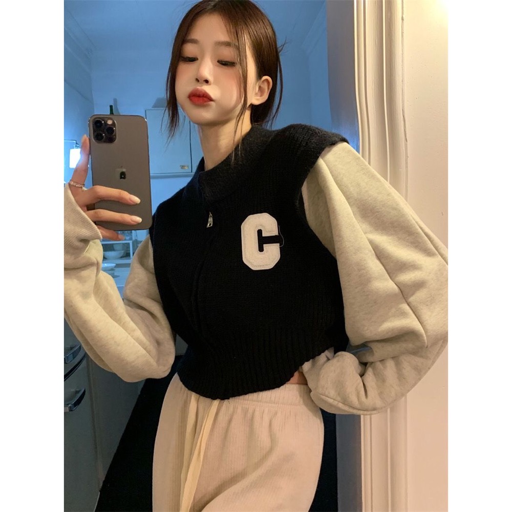 復古針織假兩件短款-細節圖3