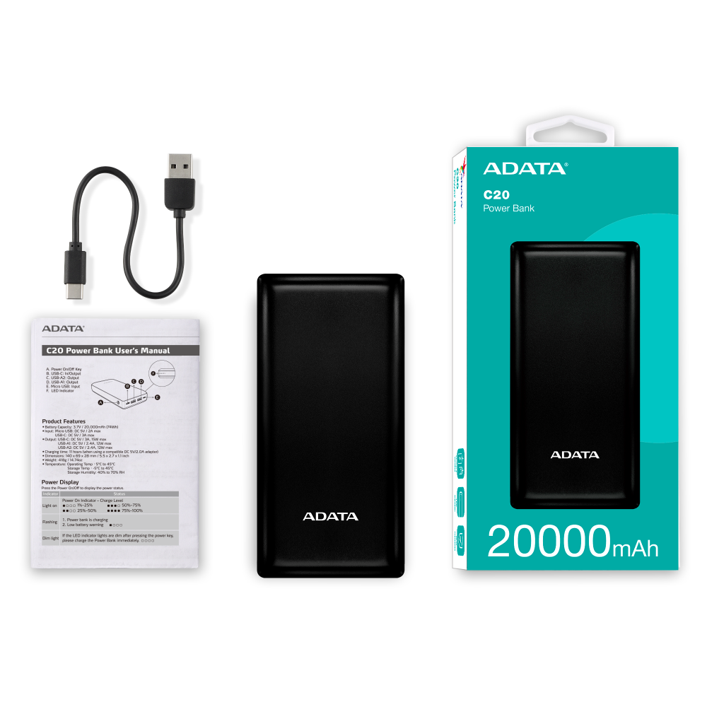 威剛 C20 行動電源 20000mAh大容量，支援三孔同時充電，Type-C雙向快充，LED電量顯示 GJ67704-細節圖7