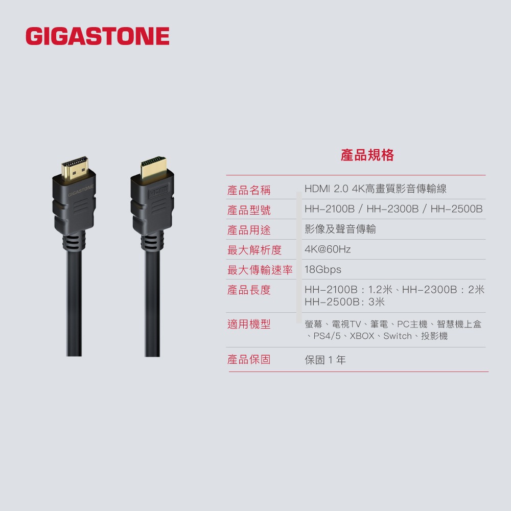GIGASTONE HH-2100B HDMI 2.0 1.2M 4K 60Hz 高速影音傳輸線白金認證GJ67294-細節圖9