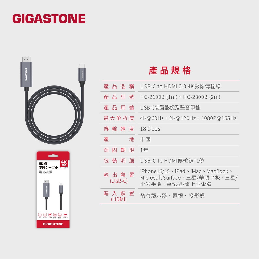 GIGASTONE HC-2100B Type-C to HDMI2.0 1M 4K 60Hz 傳輸線GJ67292-細節圖8
