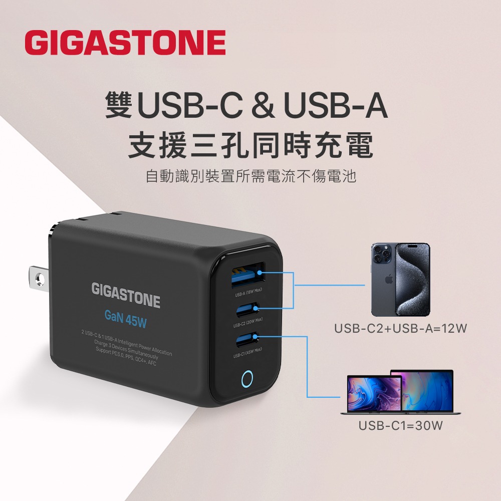 Gigastone 45W GaN氮化鎵三孔快充充電器 PD3.0 PPS USB-C -A急速充電器DPD-7451-細節圖5