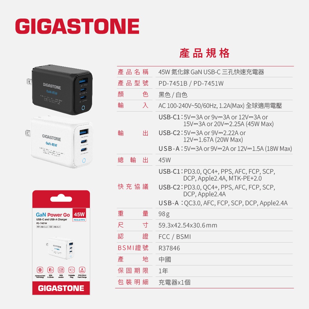 Gigastone 45W GaN氮化鎵三孔快充充電器 PD3.0 PPS USB-C -A急速充電器DPD-7451-細節圖11