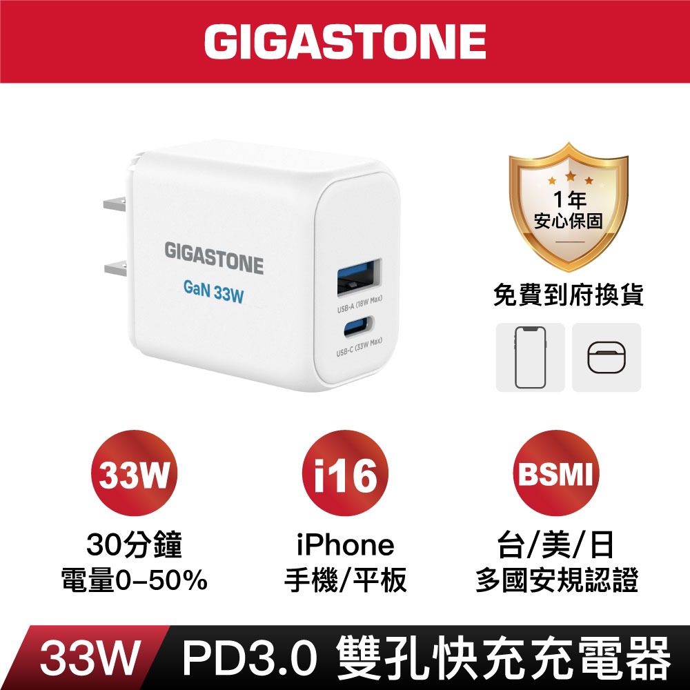 Gigastone 33W GaN氮化鎵雙孔快充充電器 PD3.0 PPS USB-C+A 急速充電器DPD-6333-細節圖2