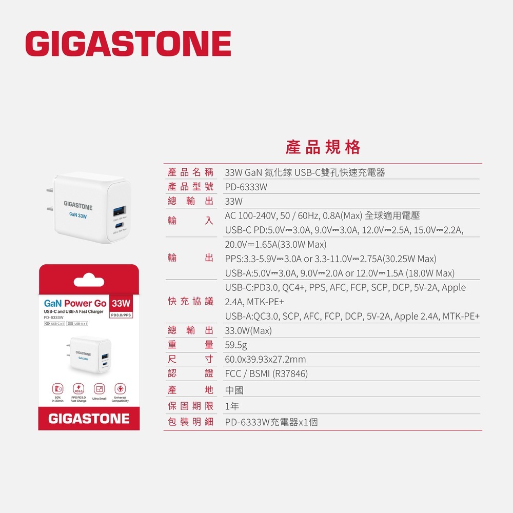 Gigastone 33W GaN氮化鎵雙孔快充充電器 PD3.0 PPS USB-C+A 急速充電器DPD-6333-細節圖9
