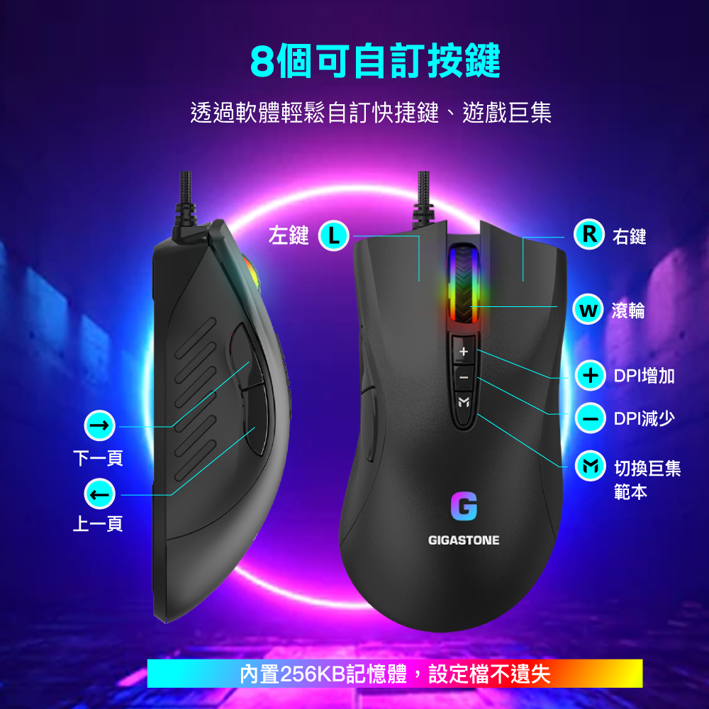 Gigastone GM-X031 RGB電競滑鼠 3200DPI有線電競滑鼠8鍵巨集自訂DGS-GM-X031B-R-細節圖2