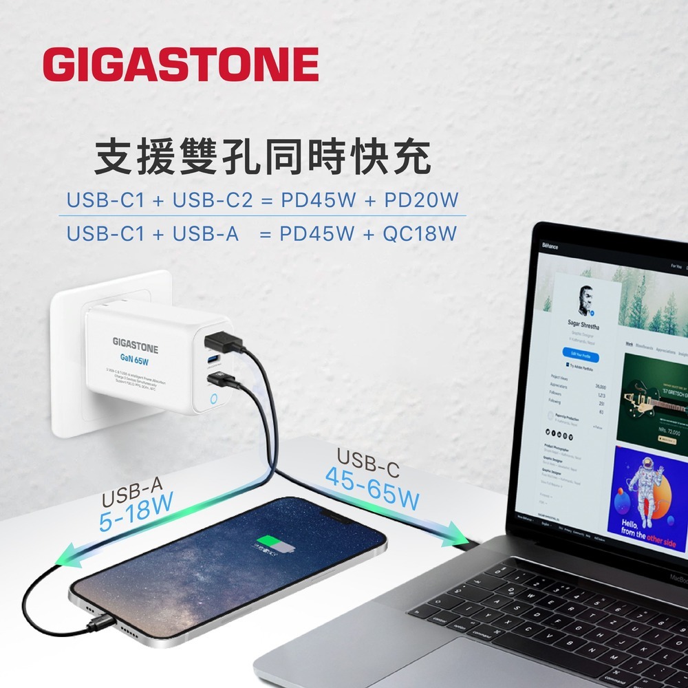 Gigastone 65W GaN氮化鎵三孔快充充電器 PD3.0 PPS USB-C雙孔 USB-A-細節圖4