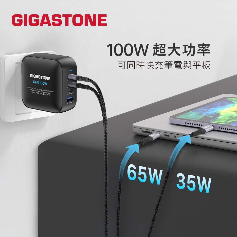 Gigastone 100W GaN氮化鎵四孔快充充電器組 PD3.0 USB-C三孔 USB-A 100W編織快充線-細節圖5