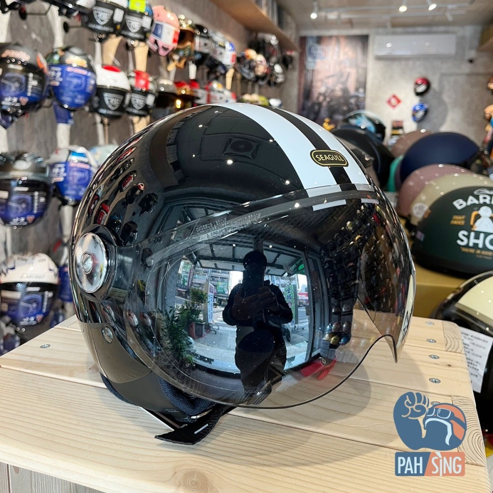 [嘉義安全帽] Penguin 海鳥 781 SEAGULL 復古素色飛行帽 GOGORO同款 黑白 亮面黑白線-細節圖3