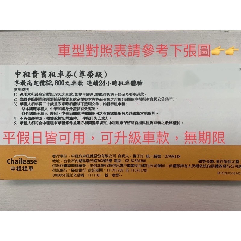 新莊可自取 中租租車 平日 假日 1.6L(含）以下皆可租 租車券 租車卷 免費租車券 中租貴賓租車券-規格圖2