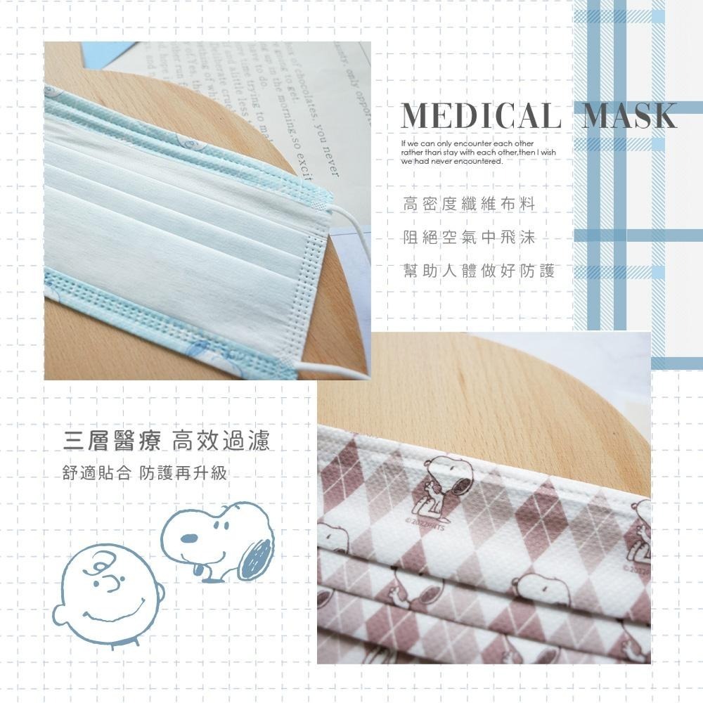 史努比 Snoopy 格紋系列 平面連續醫療口罩 醫用口罩 台灣製造 成人口罩 (10入/盒)【5ip8】棕色菱格-細節圖7