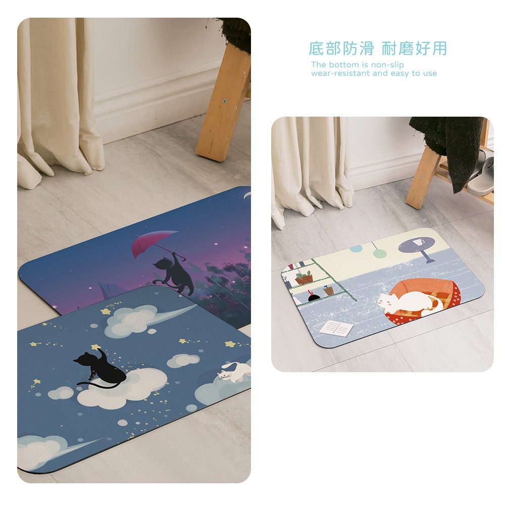 台灣製造 插畫貓咪軟式珪藻土地墊 60*40地墊 防潮 腳踏墊 硅藻土 吸水墊踏墊 吸水墊 【5ip8】FM4105-細節圖5