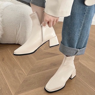 爆款韓版時尚短靴❤️台灣出貨❤️百搭款 時尚靴 側拉鍊 跟靴 短靴 皮靴 撞色靴 方頭靴 法式跟靴 瘦瘦靴 女靴 粗跟靴-細節圖2
