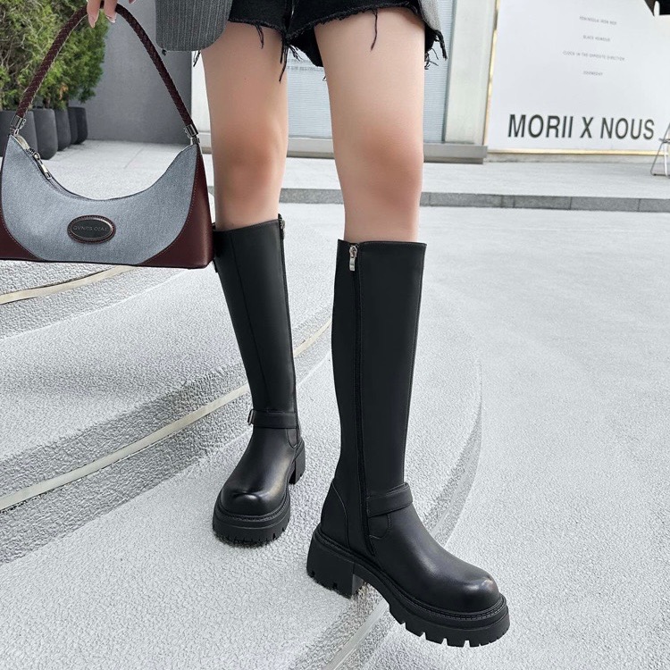 扣帶厚底長筒靴 長筒靴 長靴 厚底靴 女靴 瘦瘦靴 霧面靴 後拉鍊高筒靴 膝下靴 騎士靴-細節圖2
