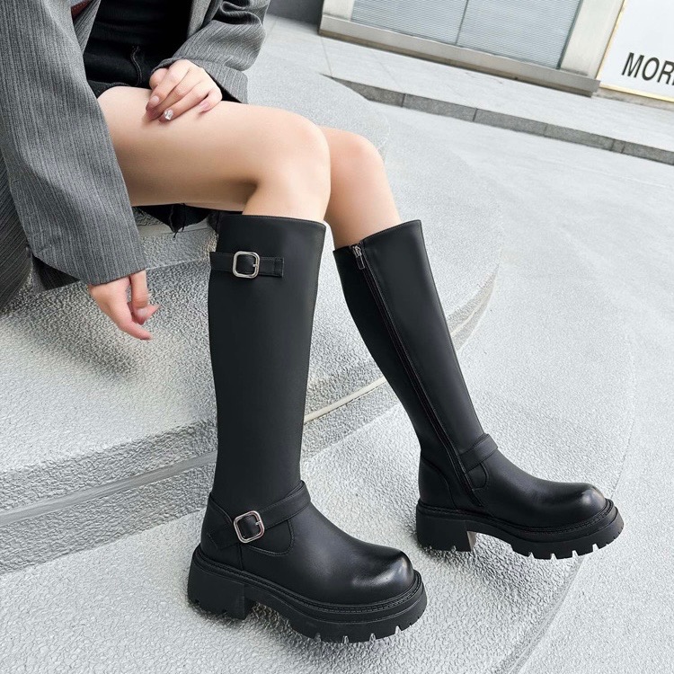 扣帶厚底長筒靴 長筒靴 長靴 厚底靴 女靴 瘦瘦靴 霧面靴 後拉鍊高筒靴 膝下靴 騎士靴-細節圖3