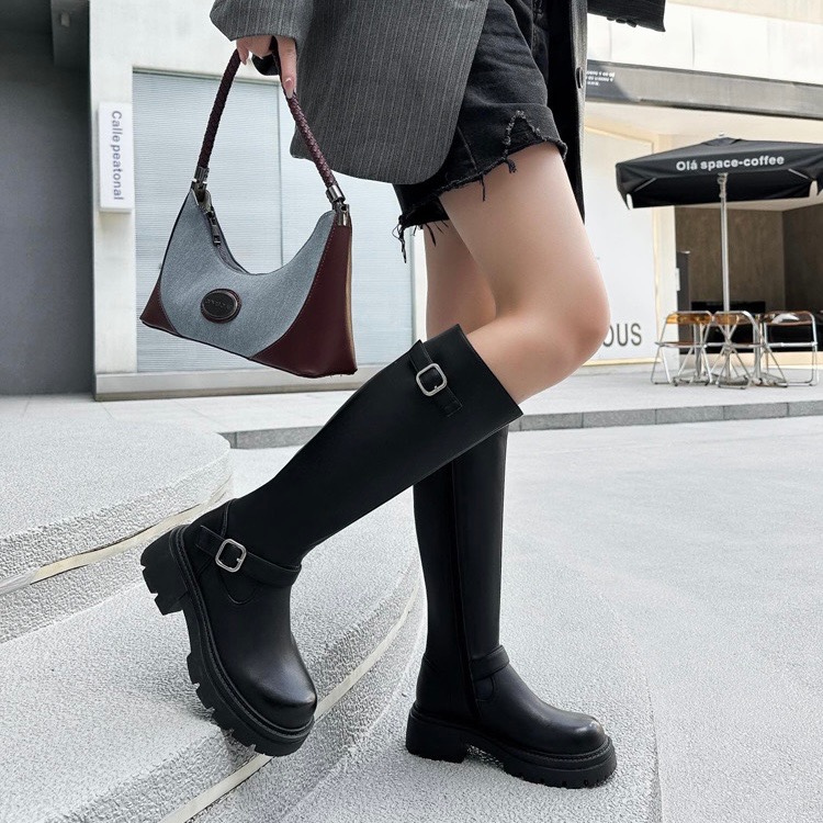 扣帶厚底長筒靴 長筒靴 長靴 厚底靴 女靴 瘦瘦靴 霧面靴 後拉鍊高筒靴 膝下靴 騎士靴-細節圖5