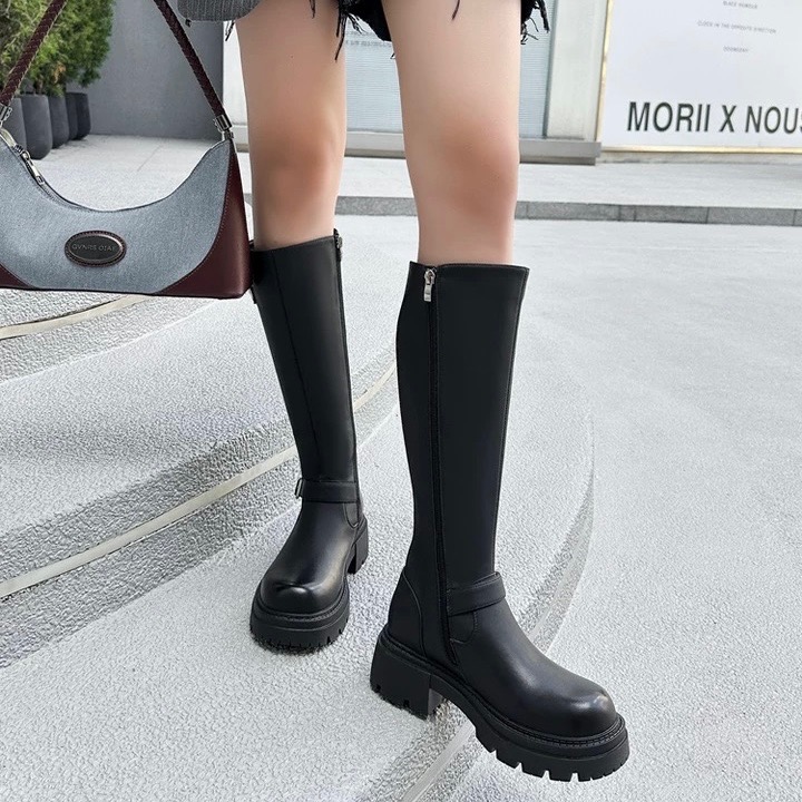 扣帶厚底長筒靴 長筒靴 長靴 厚底靴 女靴 瘦瘦靴 霧面靴 後拉鍊高筒靴 膝下靴 騎士靴-細節圖7