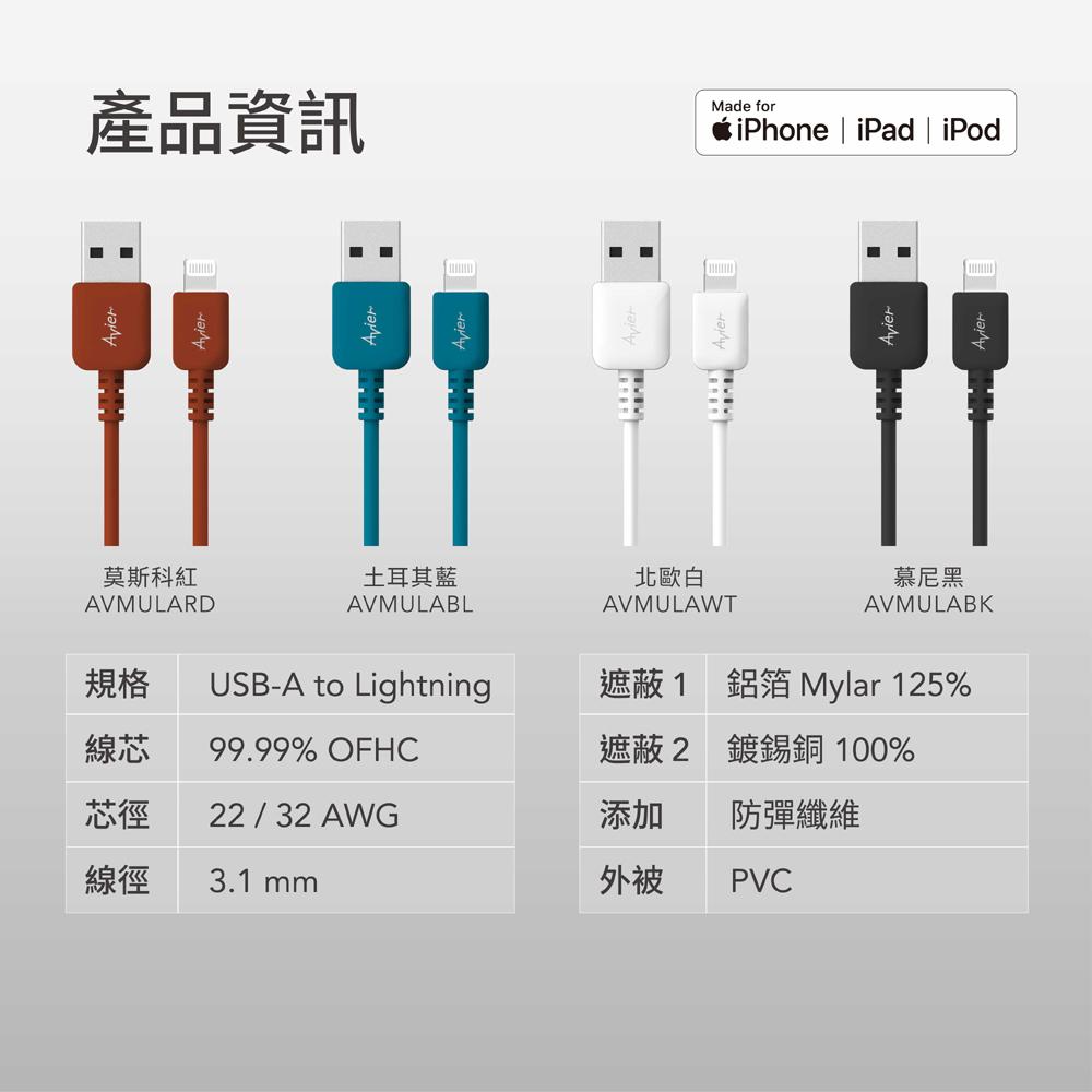 【Avier】COLOR MIX USB A to Lightning 高速充電傳輸線 (1M)_四色任選【盒損全新品】-細節圖9