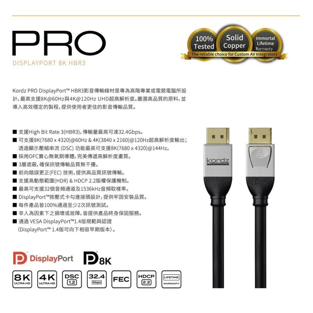 【Kordz】PRO 高速影音 DisplayPort 1.4 傳輸線 1M~5M-細節圖2