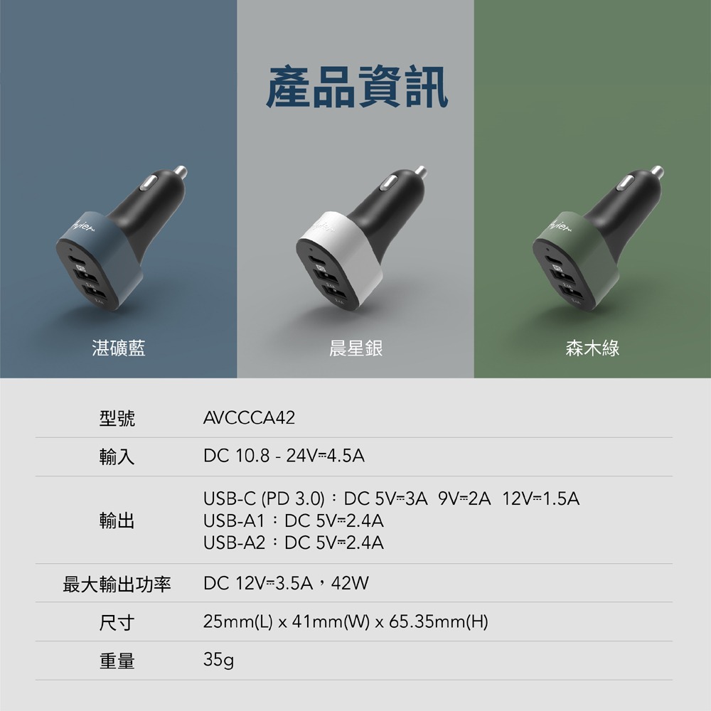 【Avier福利品】COLOR MIX 42W 三孔 智能 車用 充電器 / 三色任選-細節圖9