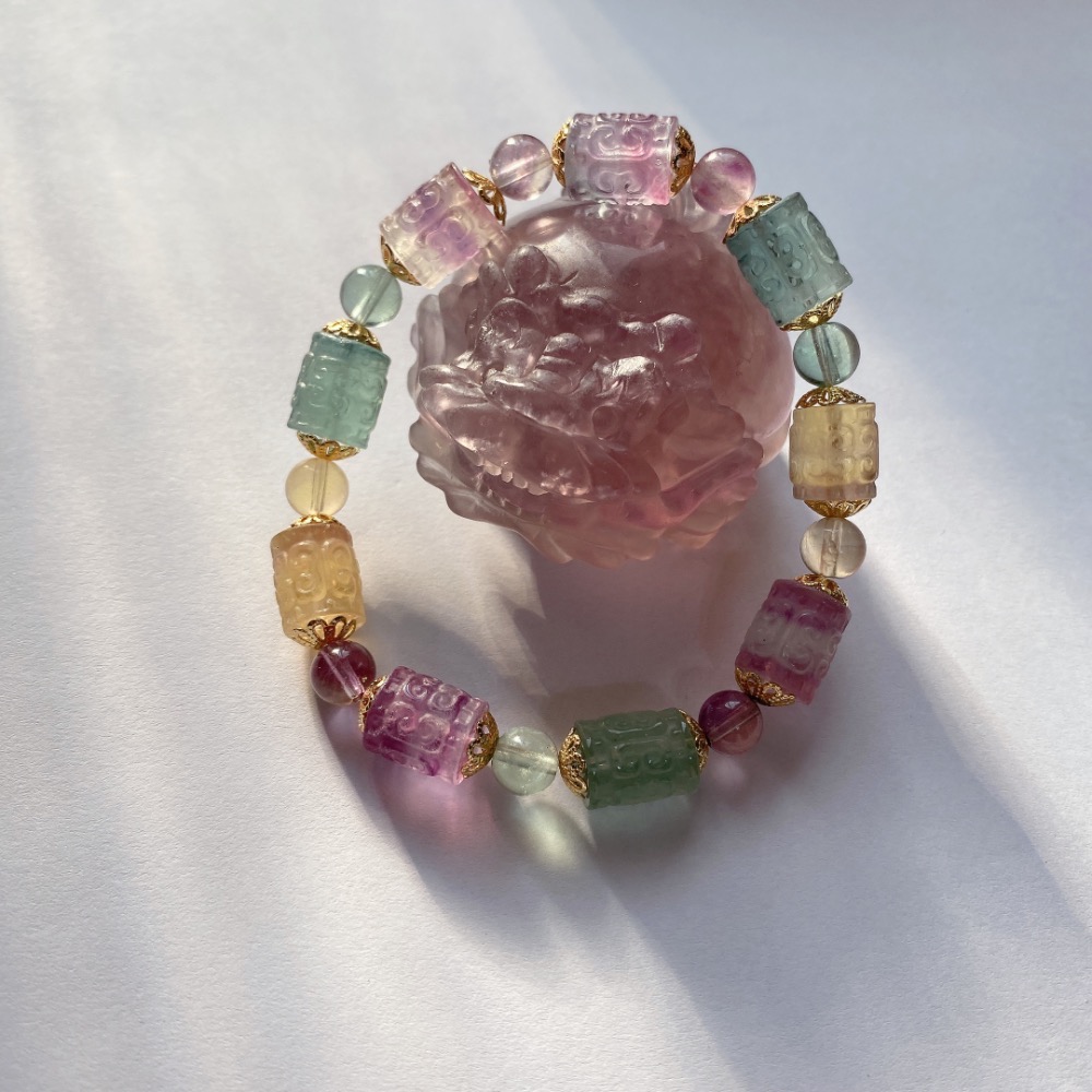 BKL精雕糖果螢石迴紋桶珠手串-細節圖2