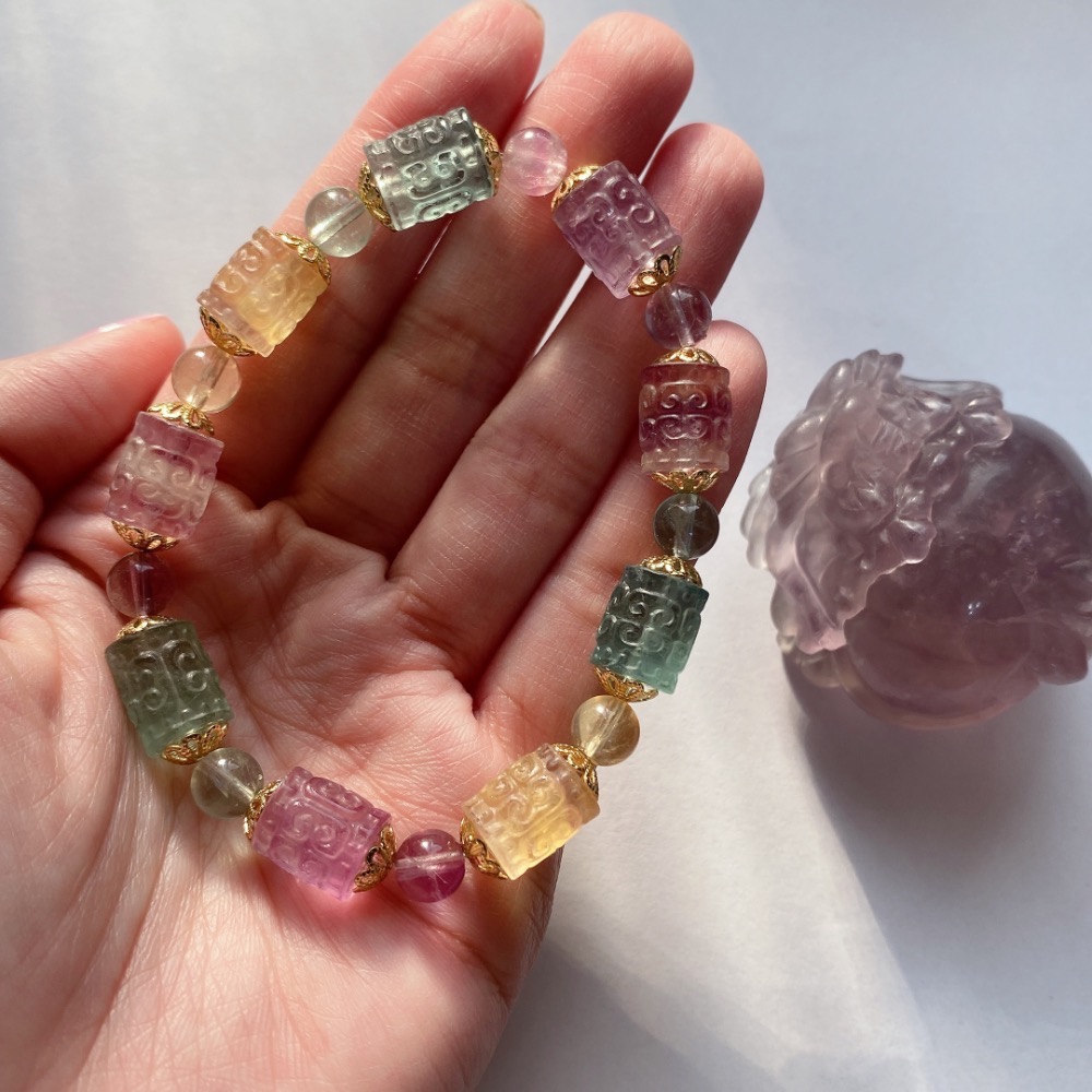 BKL精雕糖果螢石迴紋桶珠手串-細節圖5