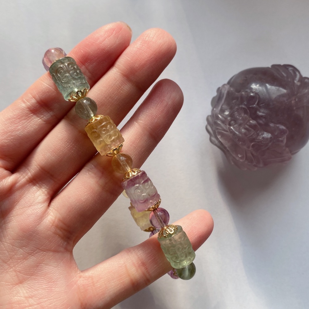 BKL精雕糖果螢石迴紋桶珠手串-細節圖7